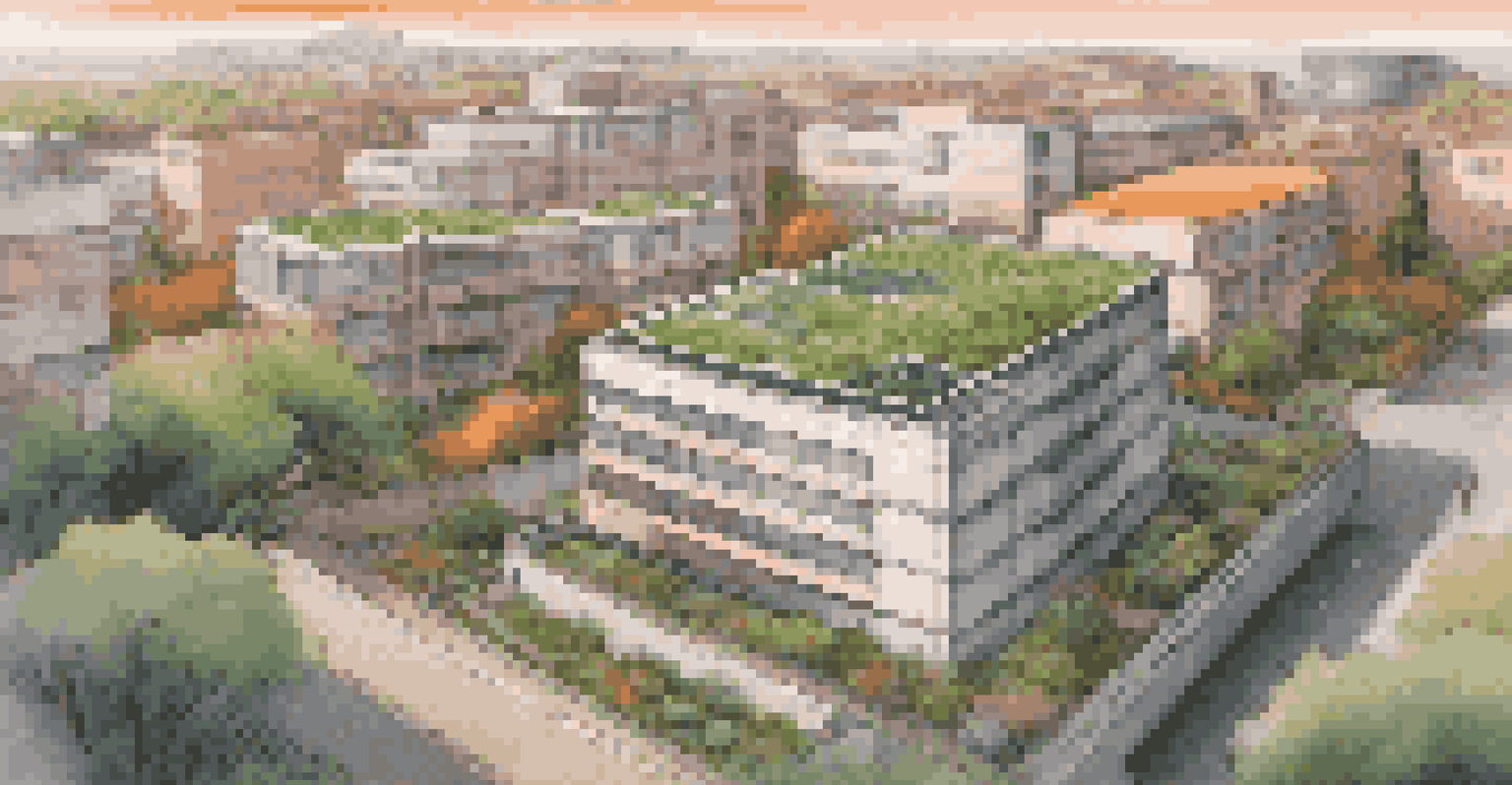 Aerial view of a residential building with a lush green roof at sunset.