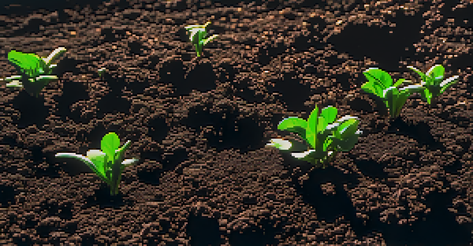 Close-up of rich, healthy soil with young plants and organic mulch, illuminated by sunlight.