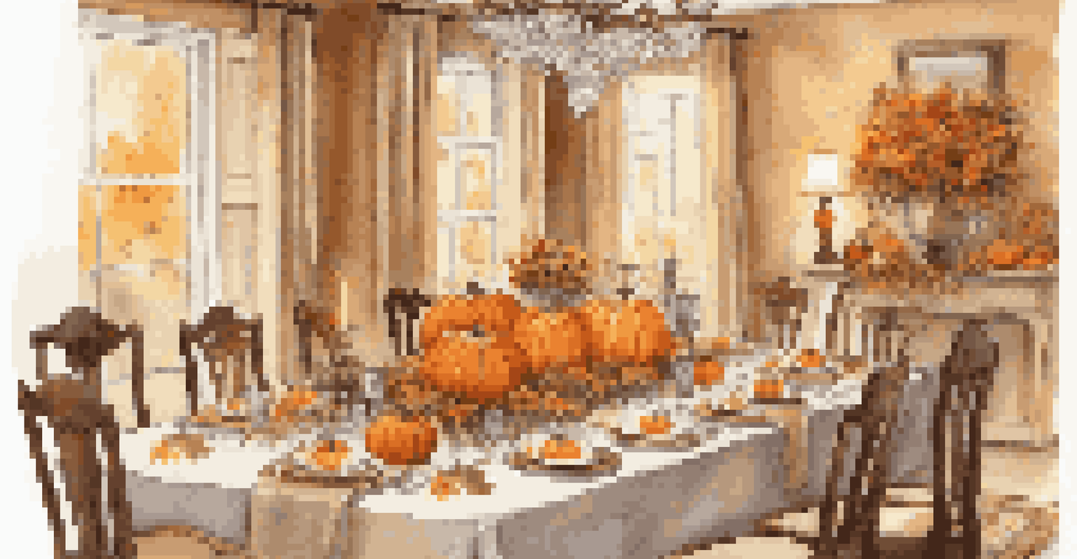 A dining table set for an autumn family gathering with pumpkins, seasonal flowers, and personalized place cards.