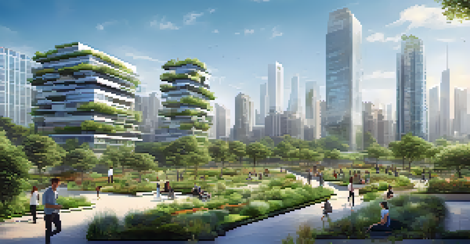 An urban landscape with eco-friendly buildings and green spaces.