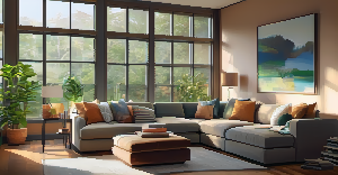 A bright and cozy living room featuring large windows, a programmable thermostat, and a comfortable sofa with eco-friendly cushions.