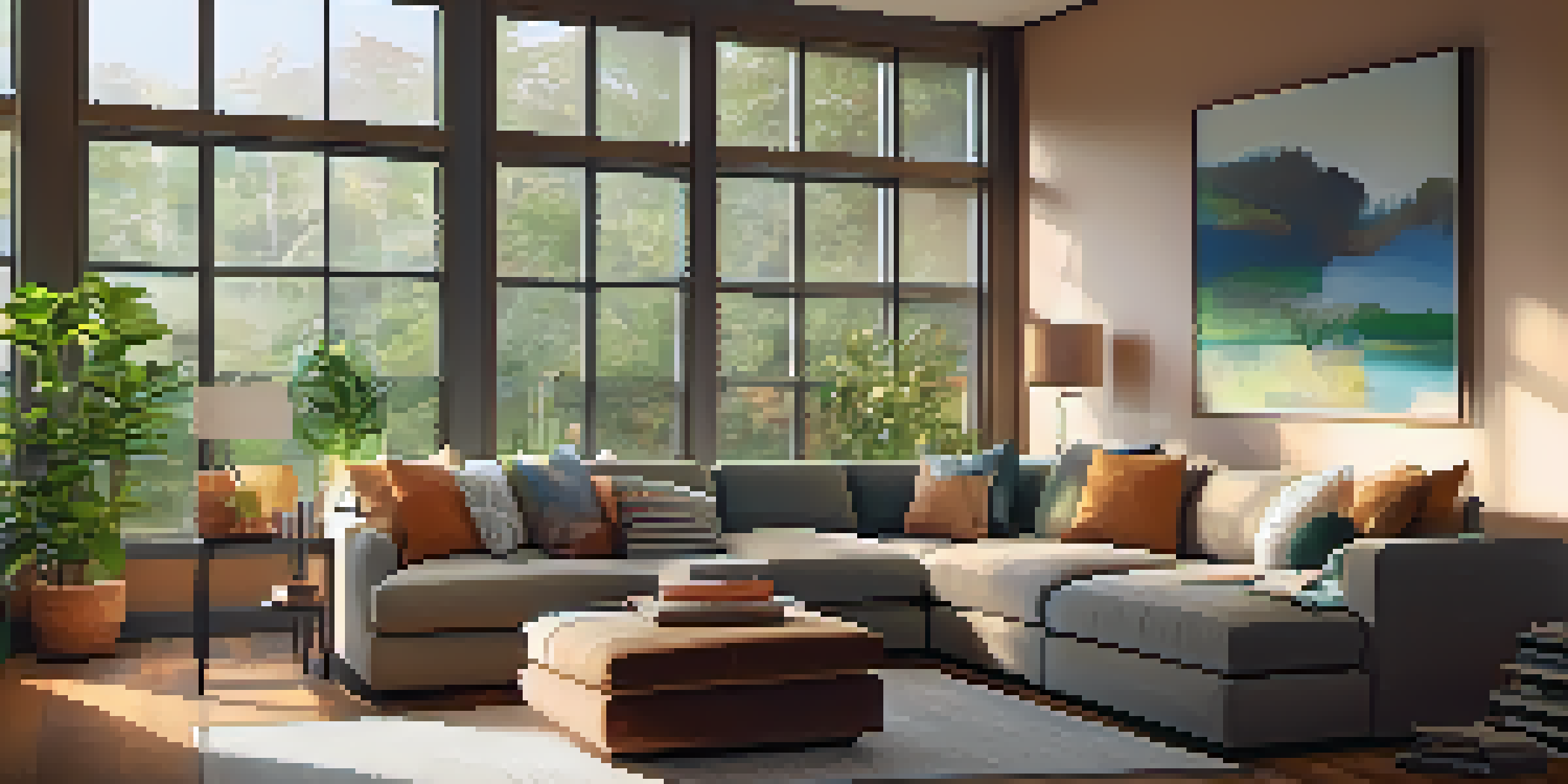 A bright and cozy living room featuring large windows, a programmable thermostat, and a comfortable sofa with eco-friendly cushions.