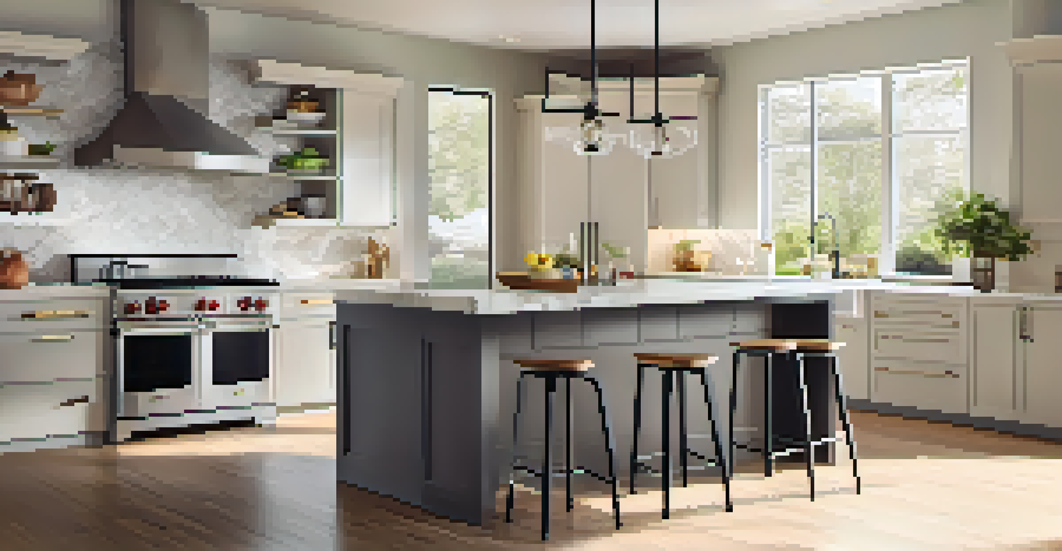 A spacious and modern kitchen with an island, bar stools, and natural light streaming in through a window.