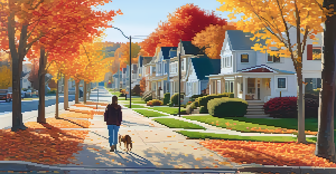 A peaceful suburban neighborhood in autumn with colorful trees and a family walking a dog.