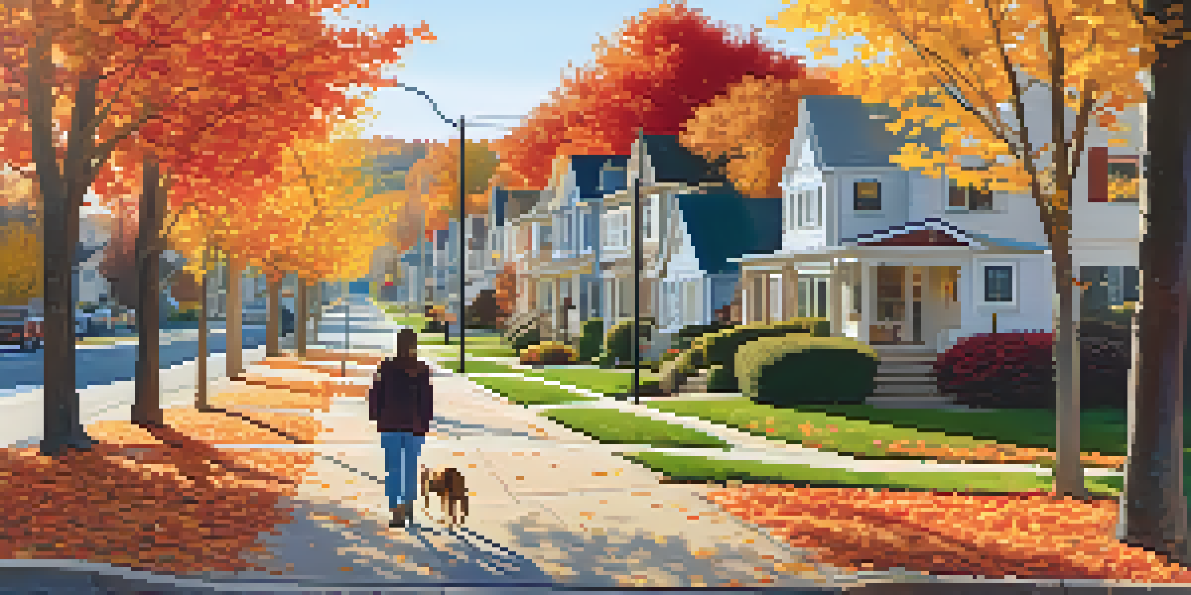 A peaceful suburban neighborhood in autumn with colorful trees and a family walking a dog.
