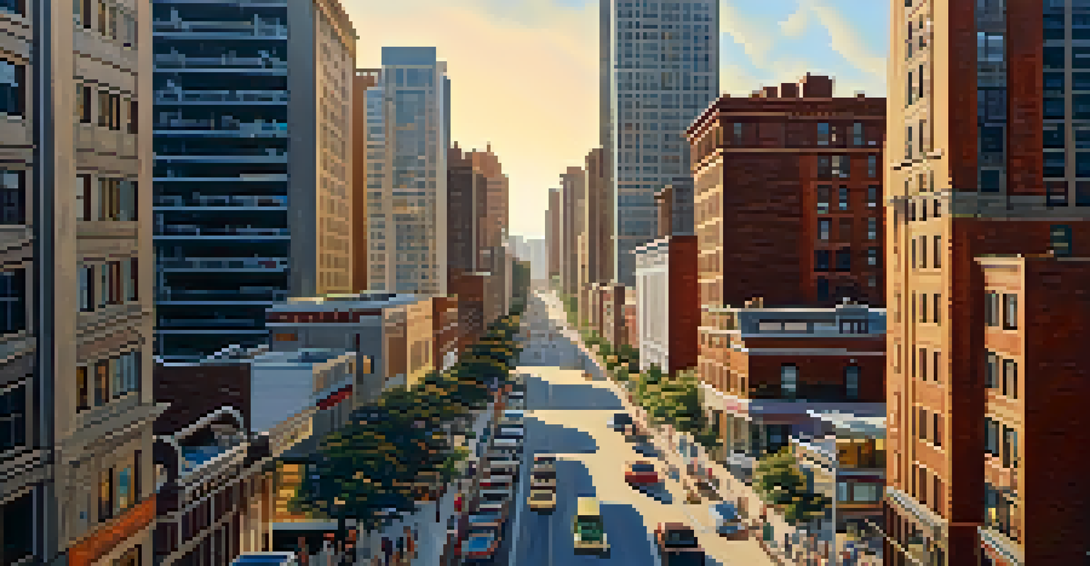 Aerial view of a vibrant urban area with high-rise buildings and bustling city life during sunset.