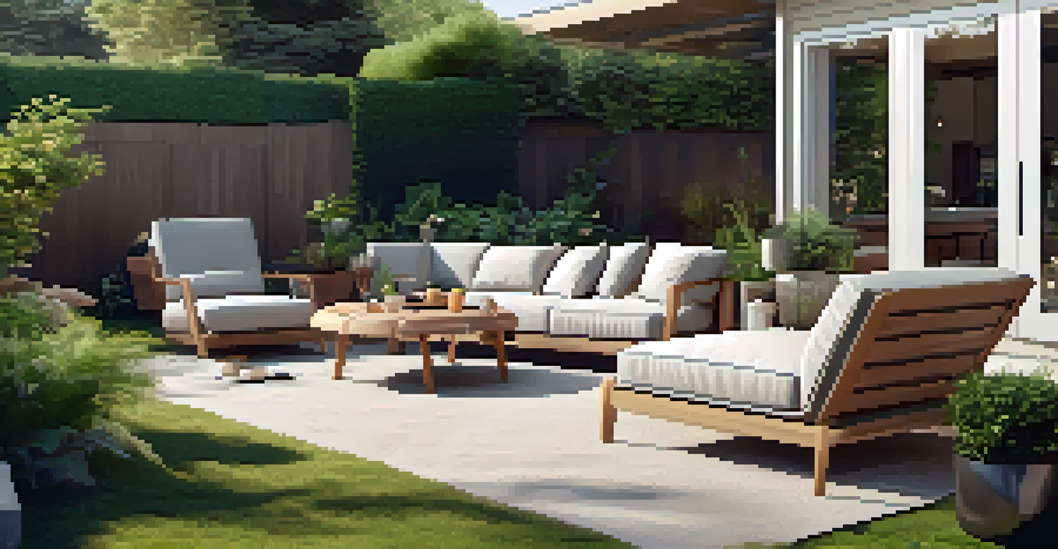 A cozy backyard with smart outdoor furniture, including a lounge chair with speakers and a table with charging ports, surrounded by greenery.