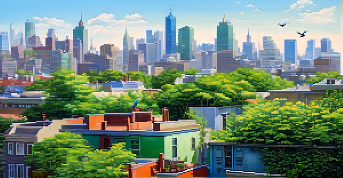 A city skyline with buildings that have green roofs full of plants, under a sunny blue sky with birds on the rooftops.