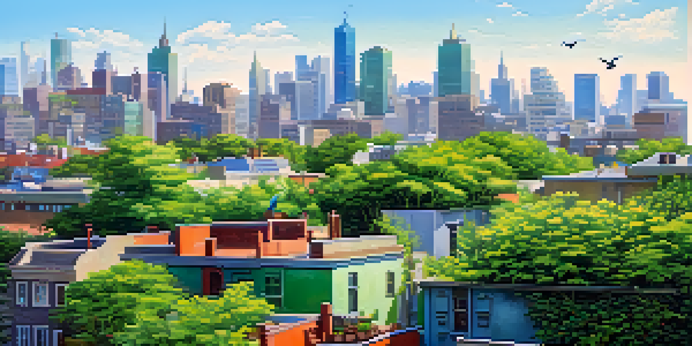 A city skyline with buildings that have green roofs full of plants, under a sunny blue sky with birds on the rooftops.