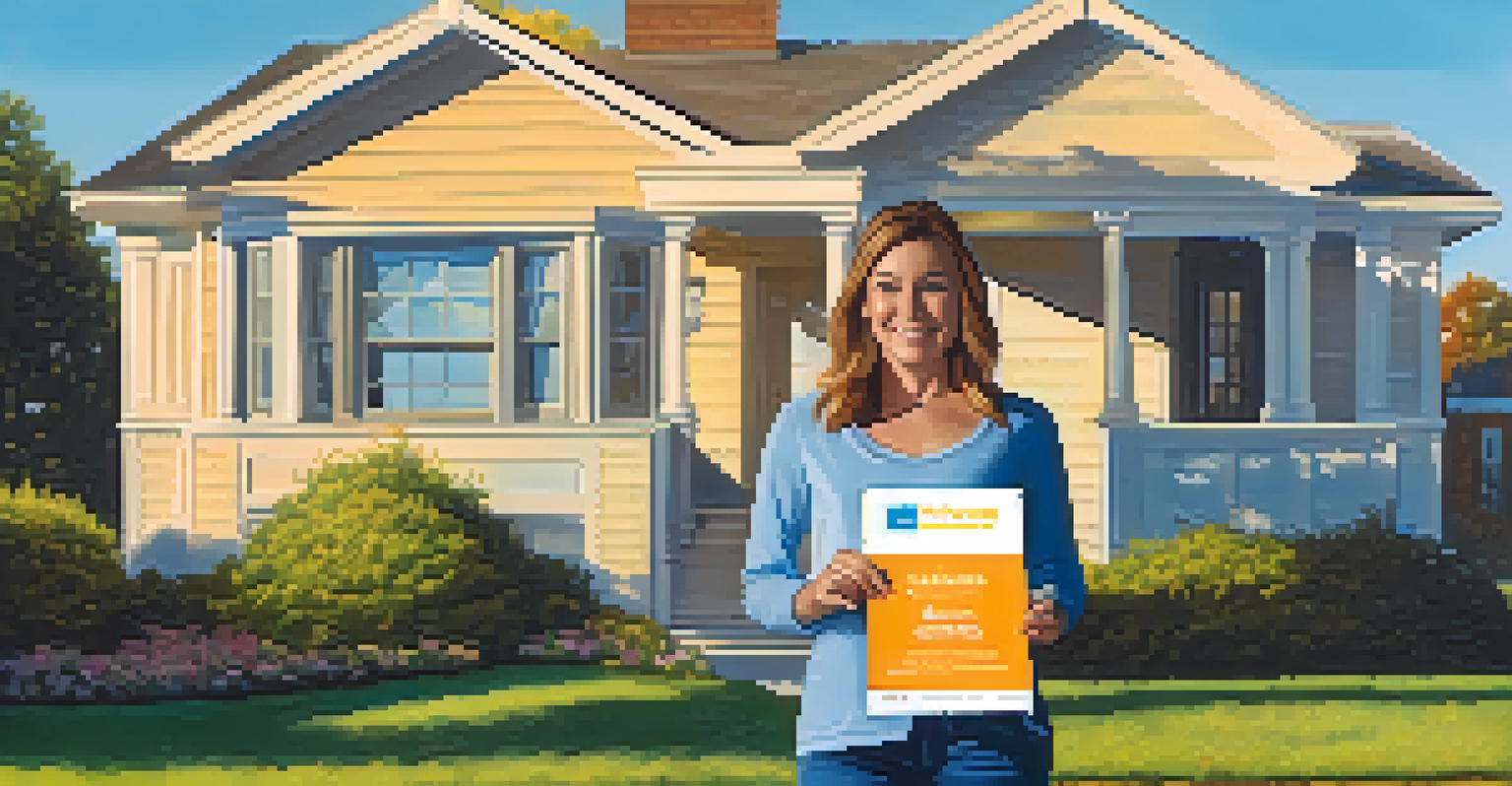 A first-time homebuyer standing in front of a house, holding a brochure about closing cost assistance, with a sunny sky in the background.