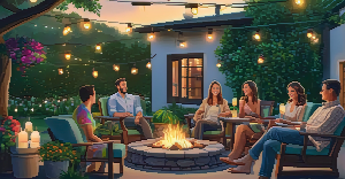 A cozy outdoor patio with a wooden table, cushioned chairs, and string lights, surrounded by plants and flowers, featuring a fire pit and guests enjoying drinks.