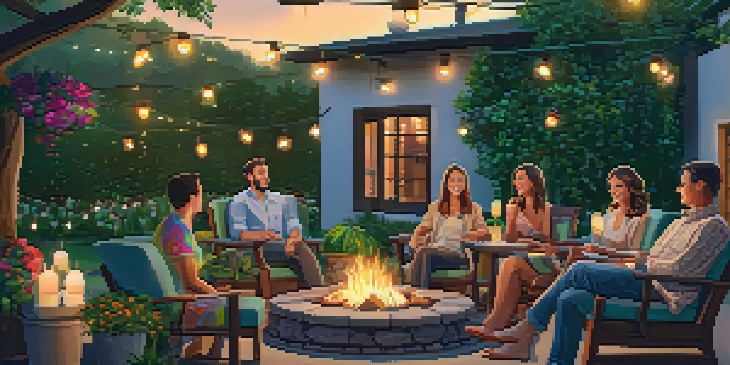 A cozy outdoor patio with a wooden table, cushioned chairs, and string lights, surrounded by plants and flowers, featuring a fire pit and guests enjoying drinks.