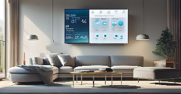 A modern living room equipped with smart home technology, featuring automated lighting and a smart thermostat, with a sleek design and large windows.