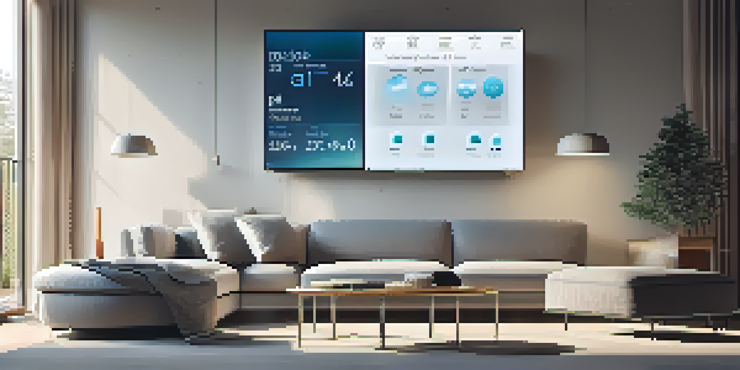 A modern living room equipped with smart home technology, featuring automated lighting and a smart thermostat, with a sleek design and large windows.