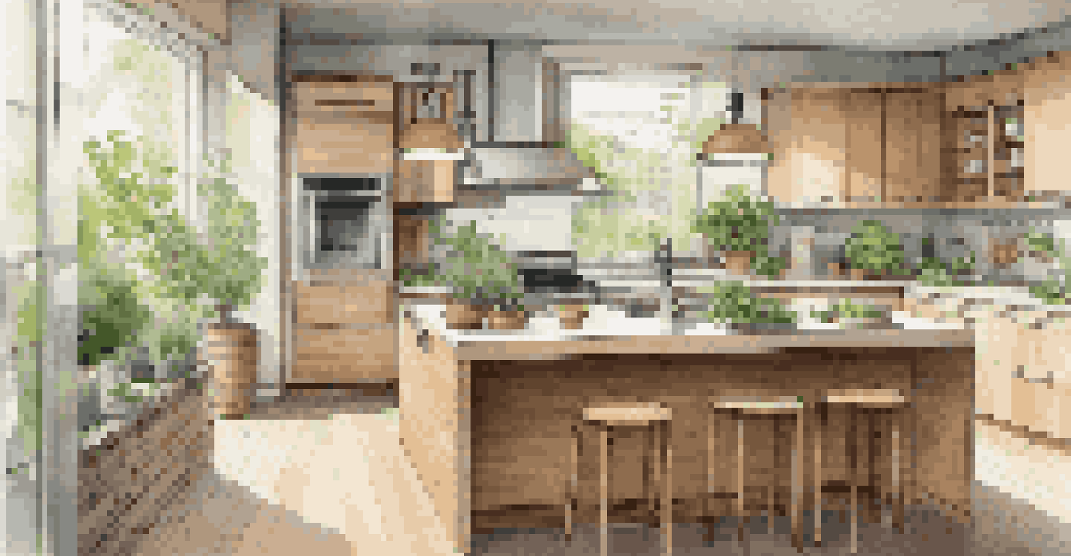 An eco-friendly kitchen featuring bamboo cabinetry and energy-efficient appliances, highlighted by warm lighting and fresh herbs.