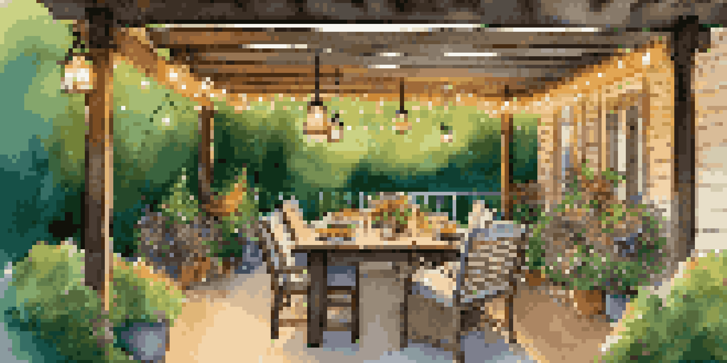 A cozy outdoor dining area with a wooden table, comfortable chairs, and a pergola decorated with string lights, surrounded by lush greenery and colorful flowers.