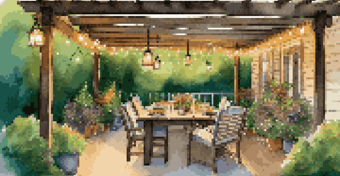 A cozy outdoor dining area with a wooden table, comfortable chairs, and a pergola decorated with string lights, surrounded by lush greenery and colorful flowers.