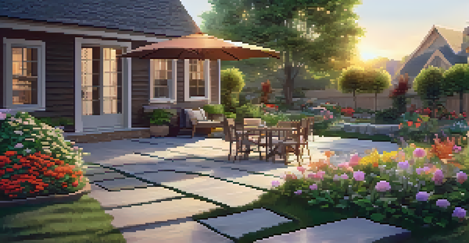 A serene backyard garden with vibrant flowers and a cozy seating area, enhanced by a virtual tour interface.