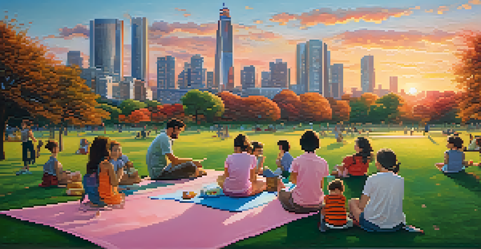 A modern city skyline at sunset with colorful reflections in the buildings, and a park in the foreground with people and children playing.