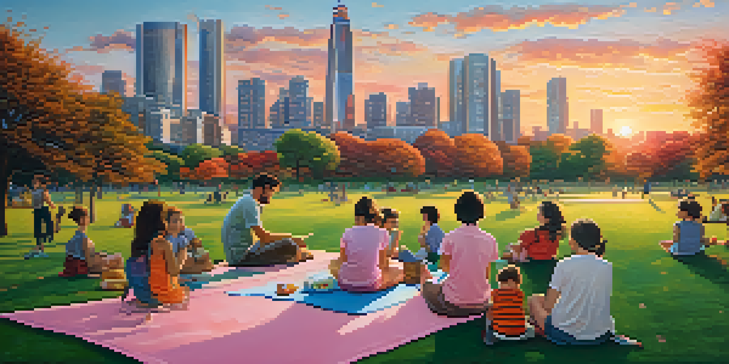 A modern city skyline at sunset with colorful reflections in the buildings, and a park in the foreground with people and children playing.