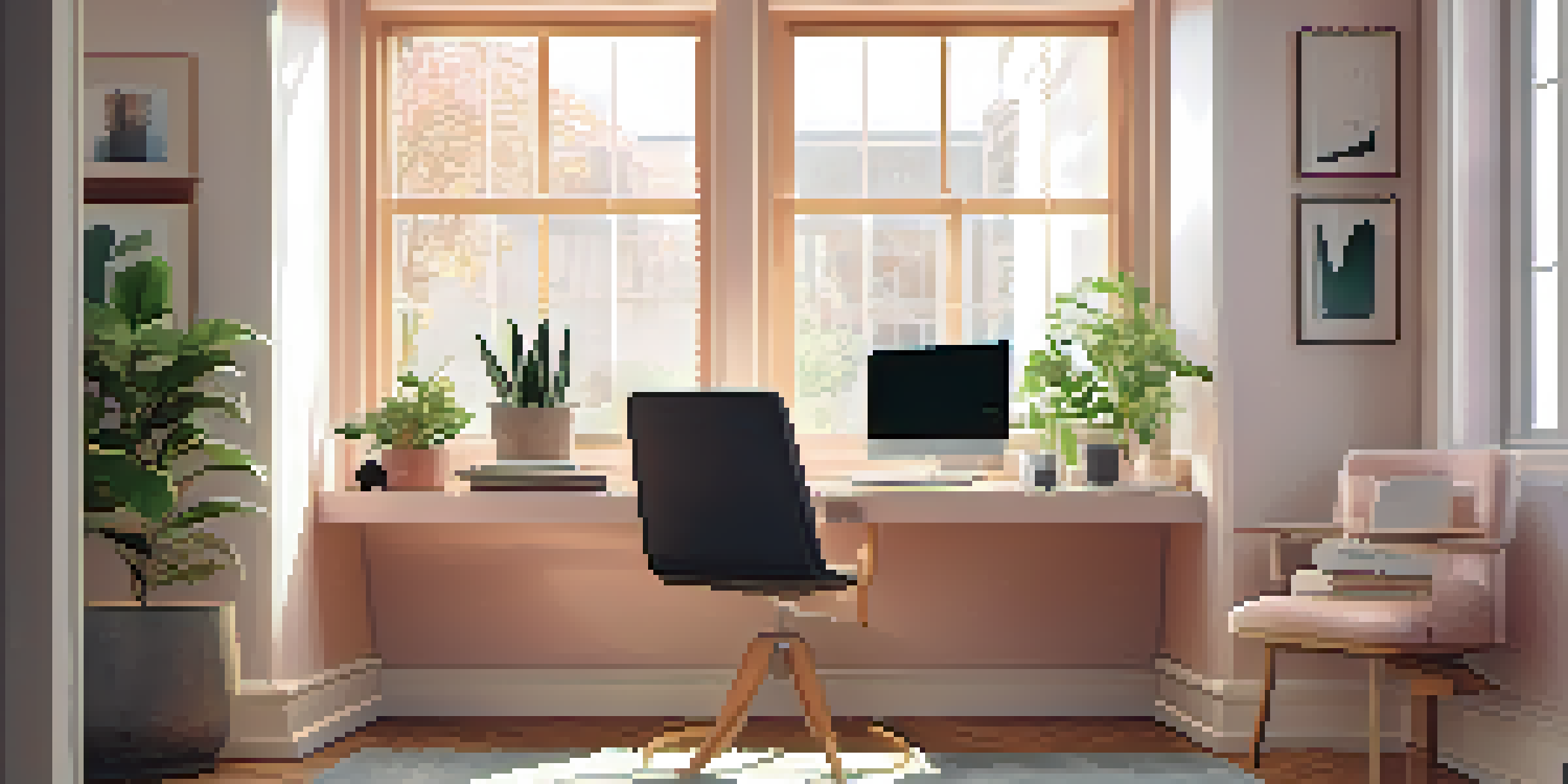 A bright and inviting home office with a desk, laptop, and plants, designed for remote work.