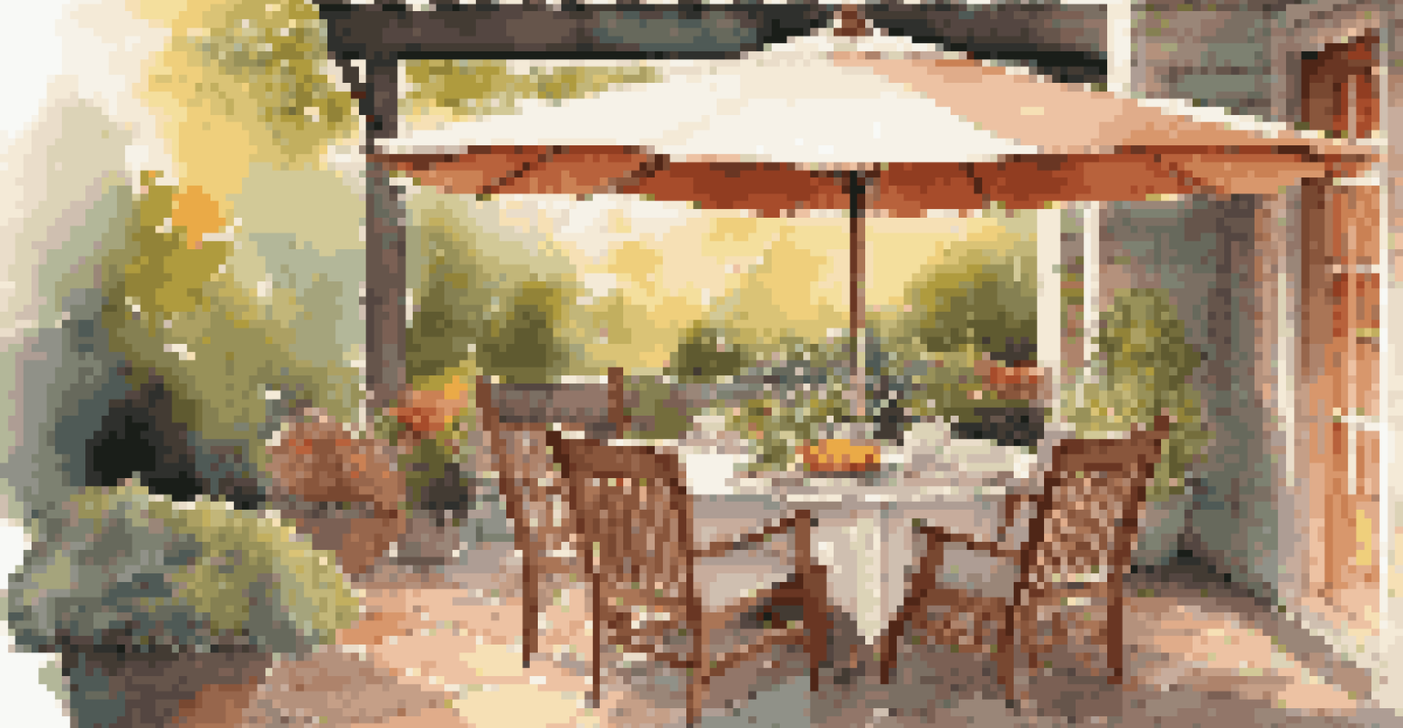A cozy patio with a large market umbrella shading a dining table set with summer dishes.
