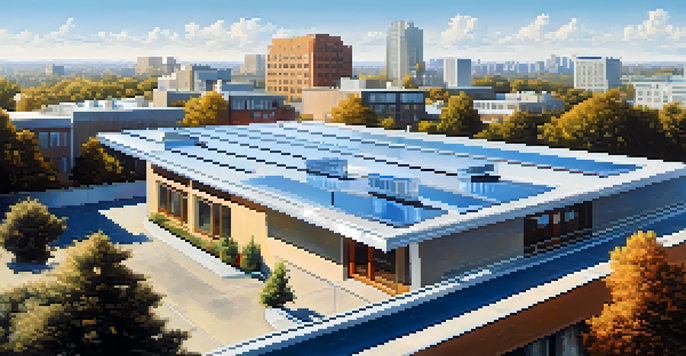 A rooftop with a shiny reflective cool roof in an urban setting under a clear blue sky.