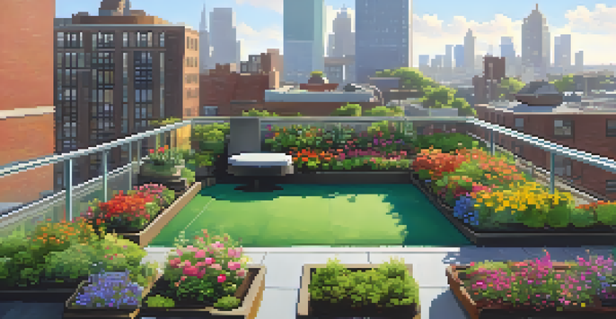 A colorful rooftop garden filled with flowers and greenery, overlooking a busy city.