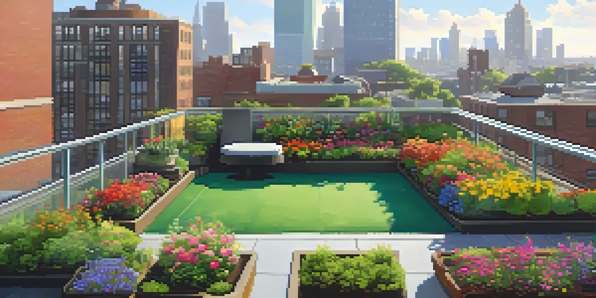 A colorful rooftop garden filled with flowers and greenery, overlooking a busy city.
