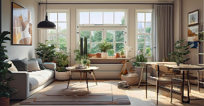 A multi-functional living room with a sofa bed and a dining table that doubles as a workspace, illuminated by warm natural light.