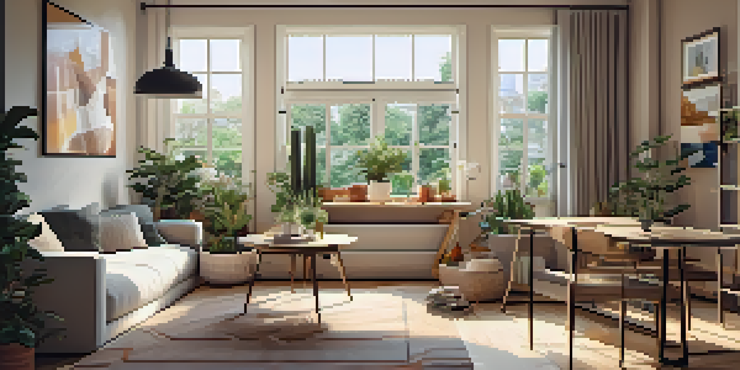 A multi-functional living room with a sofa bed and a dining table that doubles as a workspace, illuminated by warm natural light.