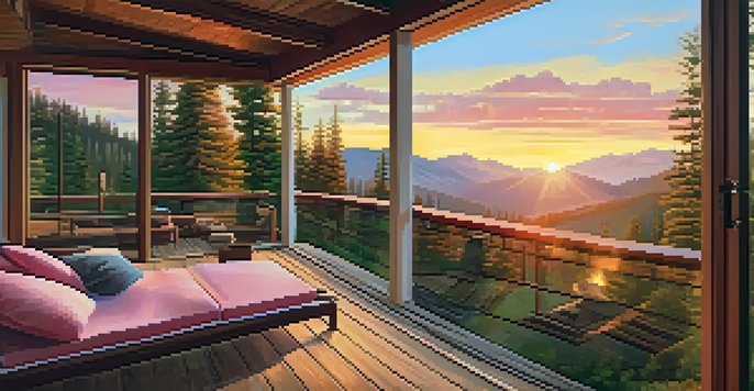 A picturesque mountain vacation home with a wooden deck and hammock, set against a colorful sunset sky.