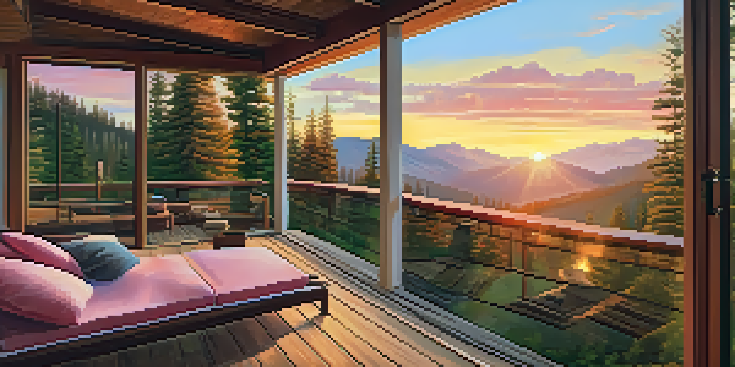 A picturesque mountain vacation home with a wooden deck and hammock, set against a colorful sunset sky.