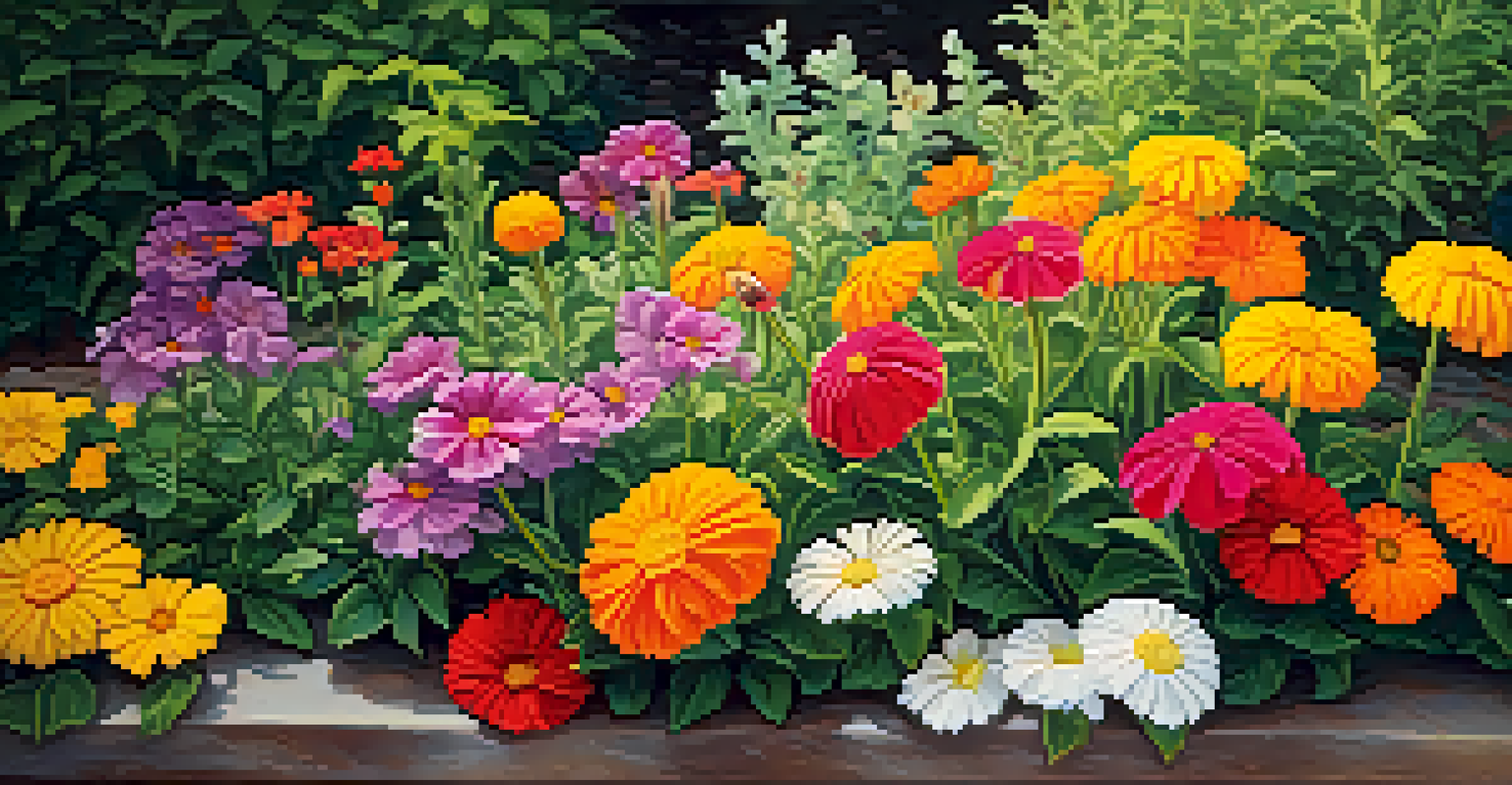 A close-up view of a vibrant flower bed with blooming daisies, marigolds, and petunias in sunlight.