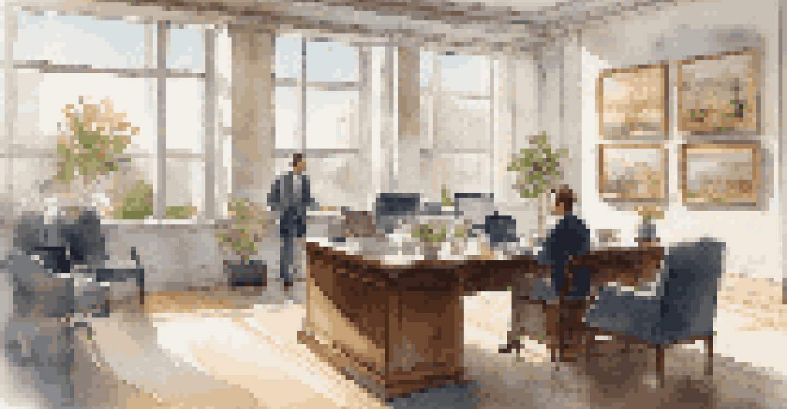 A real estate agent discussing property listings with a client in a bright, modern office filled with natural light.