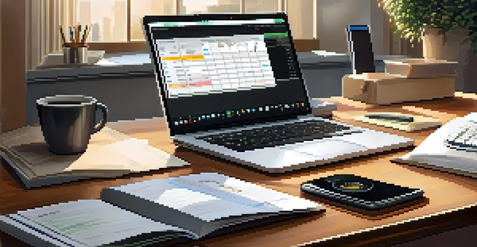 A close-up of a workspace with a laptop, financial documents, and a cup of coffee.
