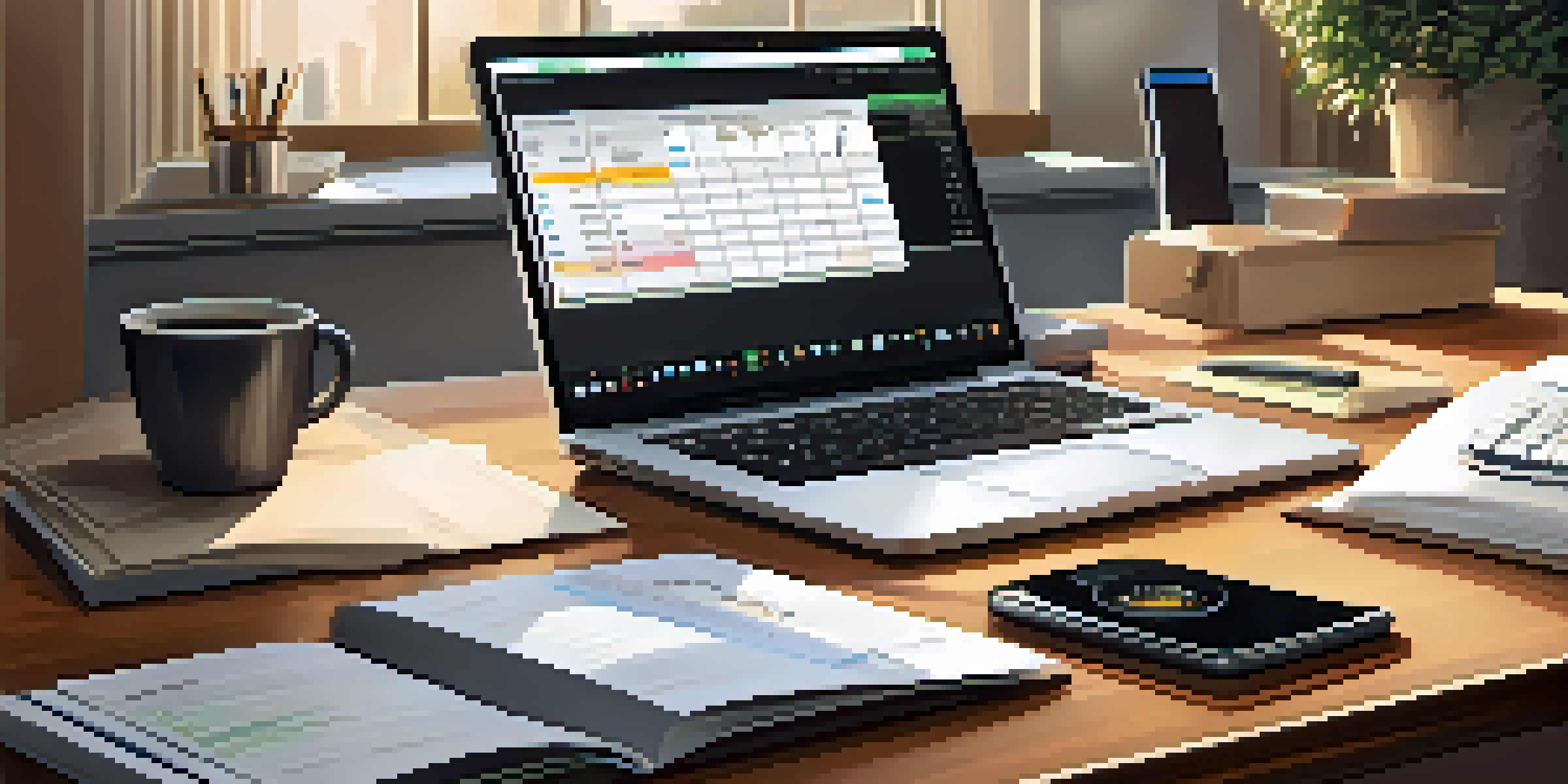 A close-up of a workspace with a laptop, financial documents, and a cup of coffee.