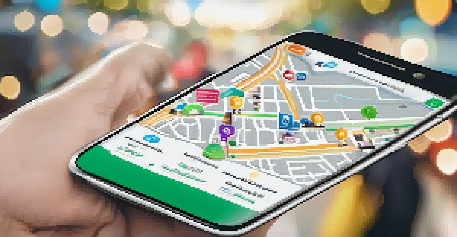 A close-up of hands using a mobile app for smart city services, displaying local transport and community event information.