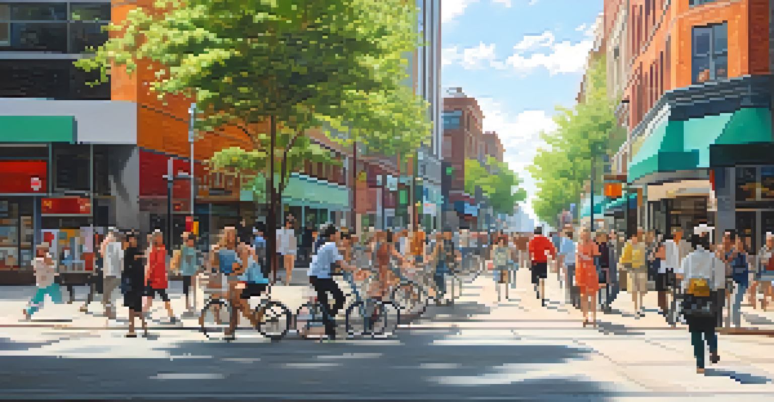 A lively urban street filled with people, shops, and greenery.