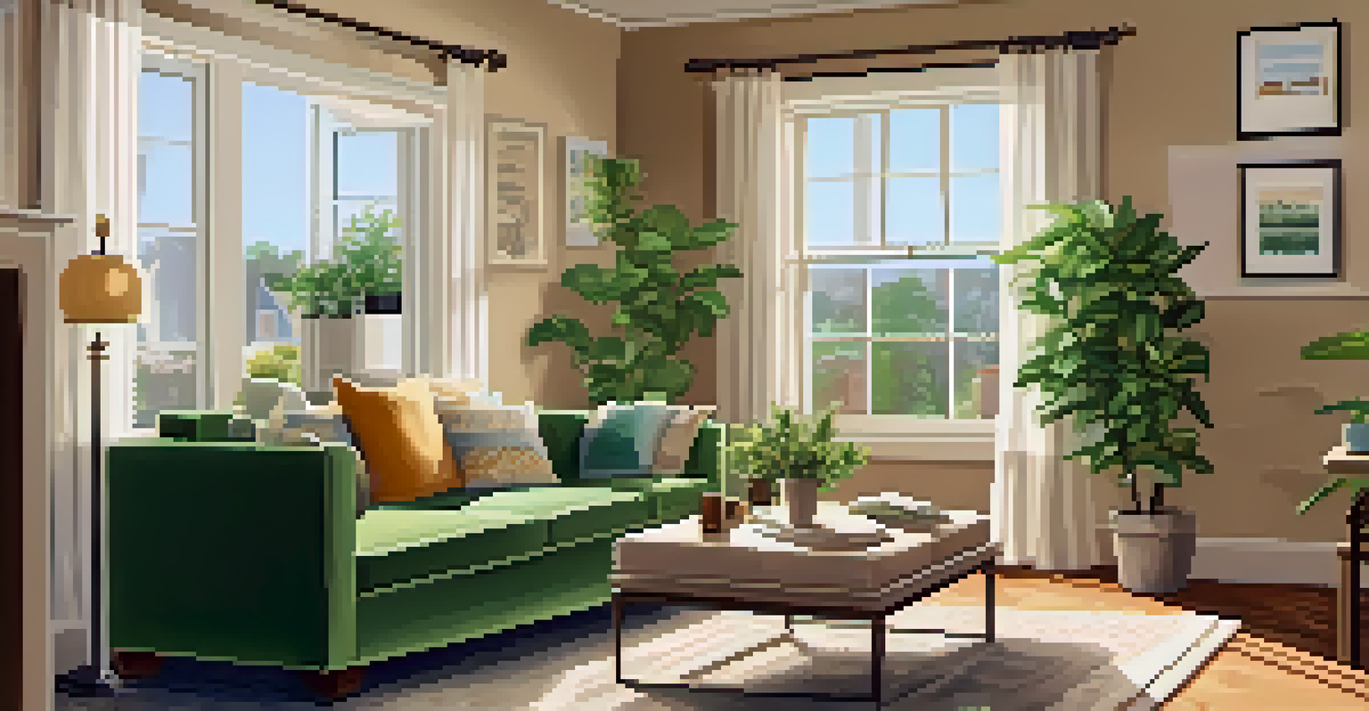 A warm and inviting living room featuring a sofa, coffee table with inspection reports, and a sunny window view.