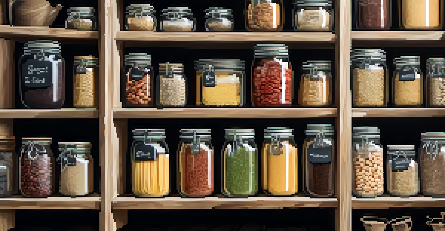 An organized pantry with mason jars filled with pasta and beans, labeled for easy access.