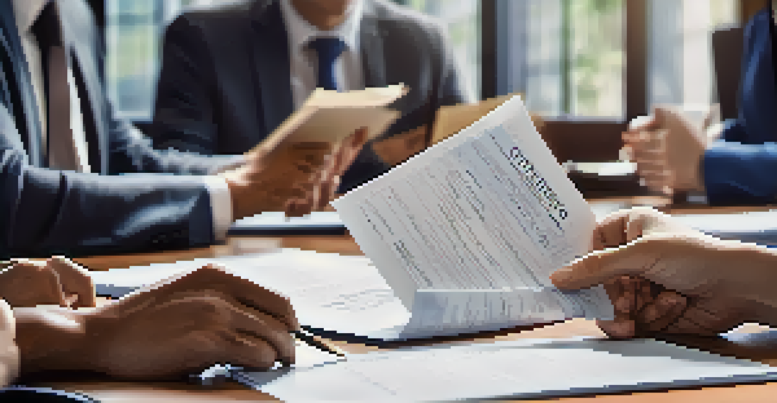 A close-up of hands exchanging documents in a mediation session, highlighting collaboration in a modern office environment.
