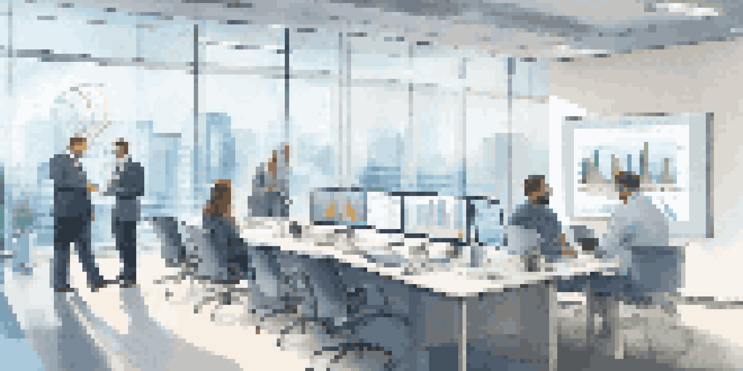 A modern office with a digital display showing ROI analysis on security investments and employees collaborating.