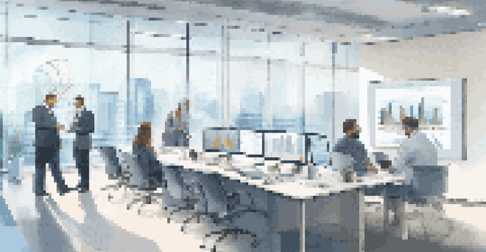 A modern office with a digital display showing ROI analysis on security investments and employees collaborating.