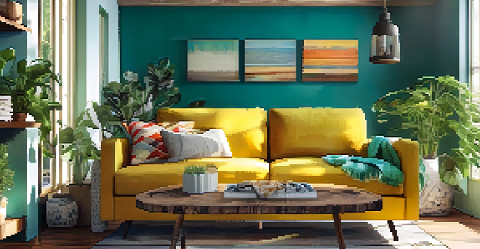 A vibrant living room with a yellow sofa, teal wall, and indoor plants, creating a warm and inviting atmosphere.