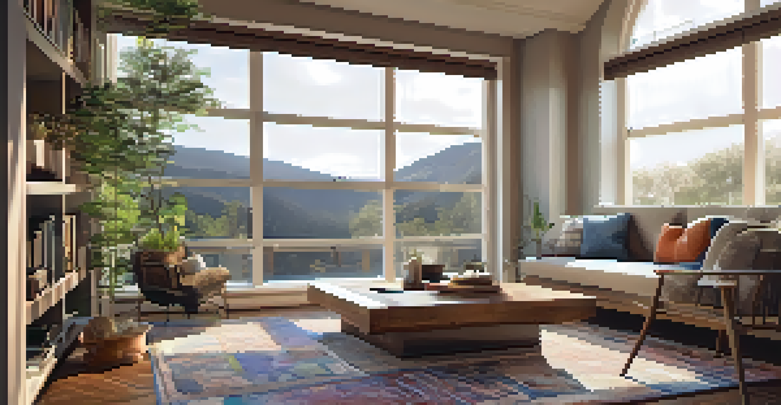 A serene reading corner in an open concept living area, featuring an armchair, a side table, and warm lighting.