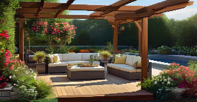 A vibrant outdoor living area with a wooden deck, lush landscaping, and an outdoor kitchen under a pergola at sunset.