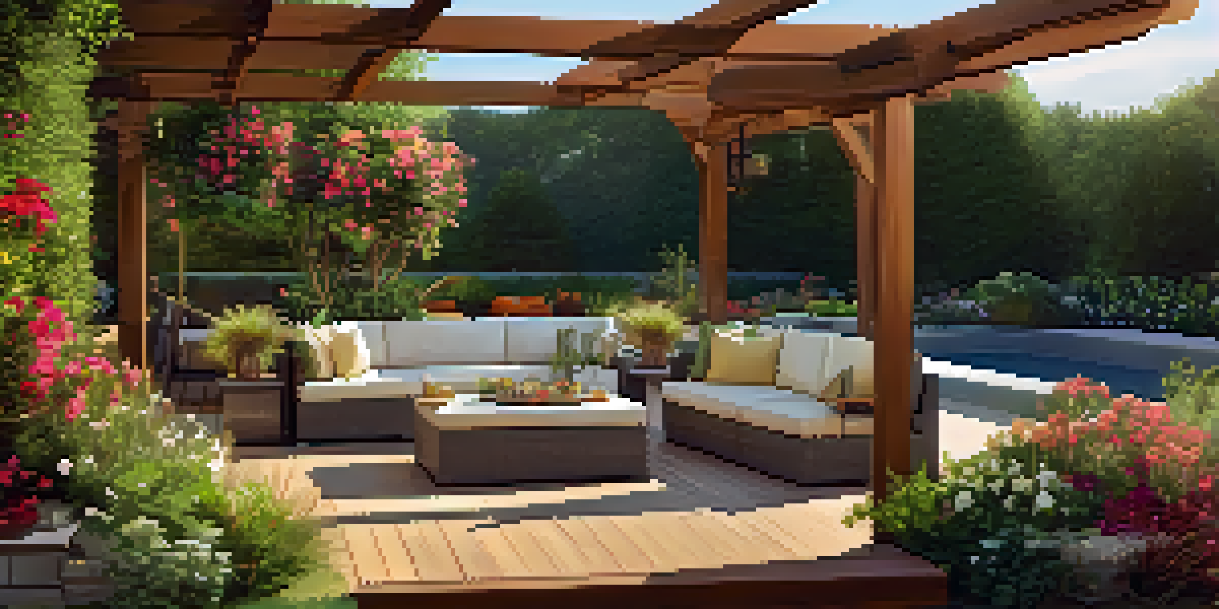 A vibrant outdoor living area with a wooden deck, lush landscaping, and an outdoor kitchen under a pergola at sunset.