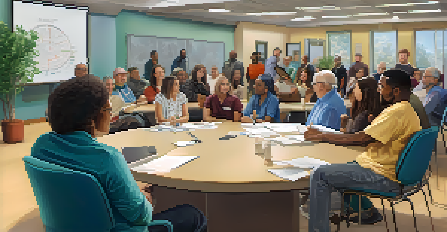 An HOA meeting scene with residents discussing community rules and goals in a well-lit community center.