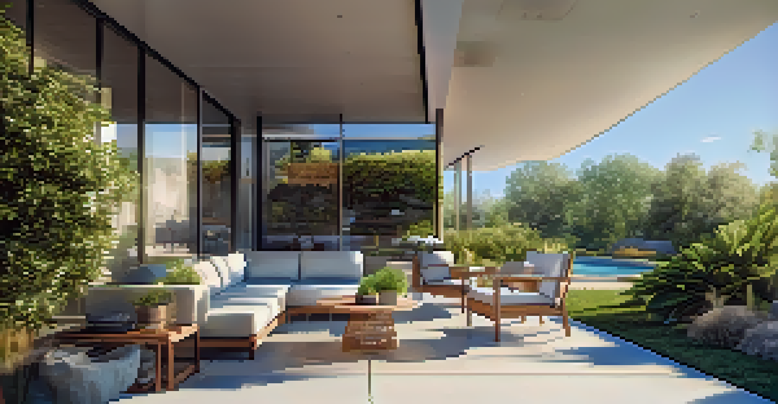 A landscaped garden with trees and shrubs surrounding a modern home, under a clear blue sky.
